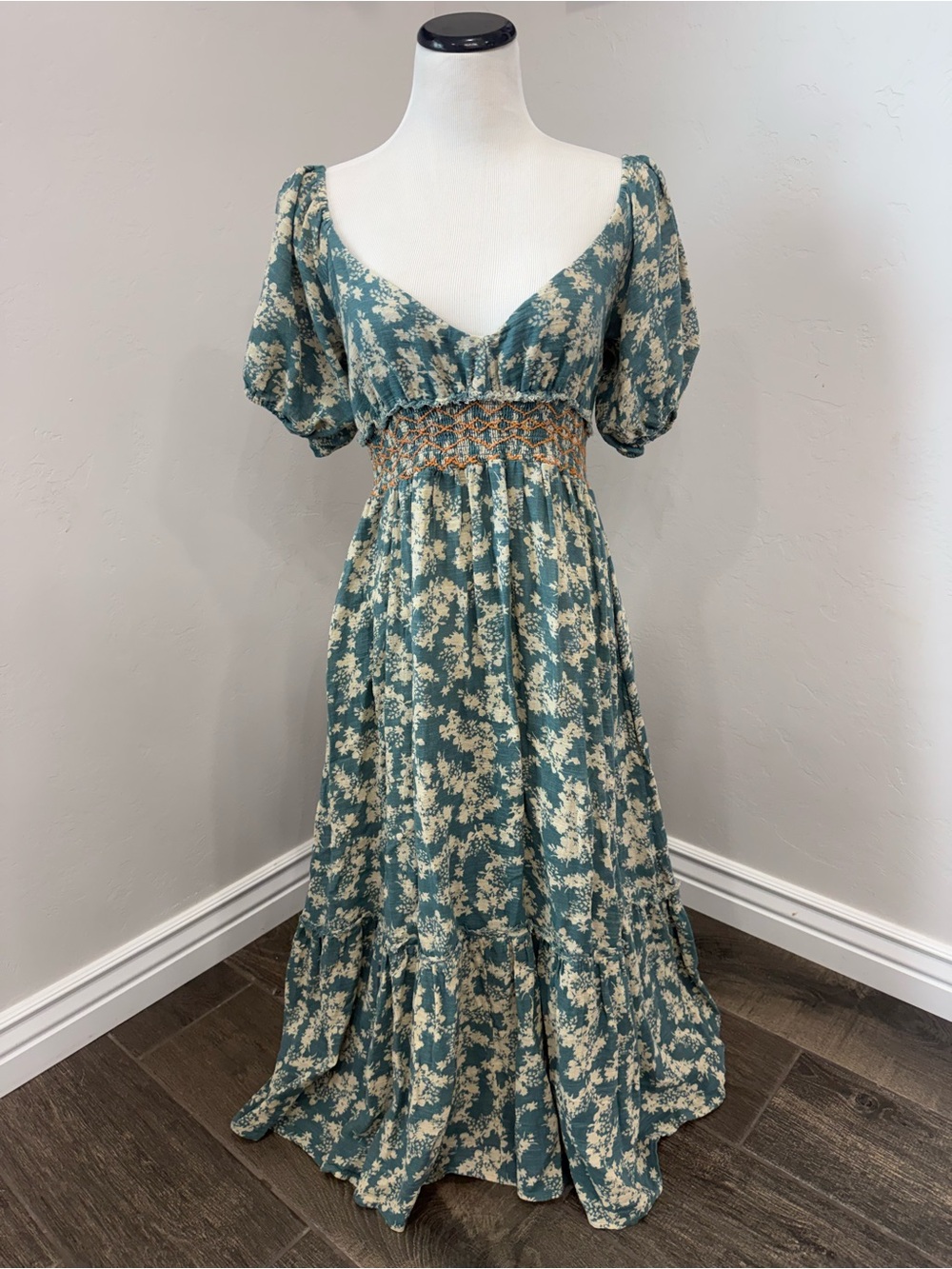 Free People Teal Floral Smocked Waist Midi Dress
